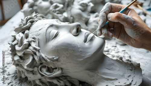 Timeless artistry in water and clay: sculpting a mans head with intricate jaw details rooted in ancient traditions photo