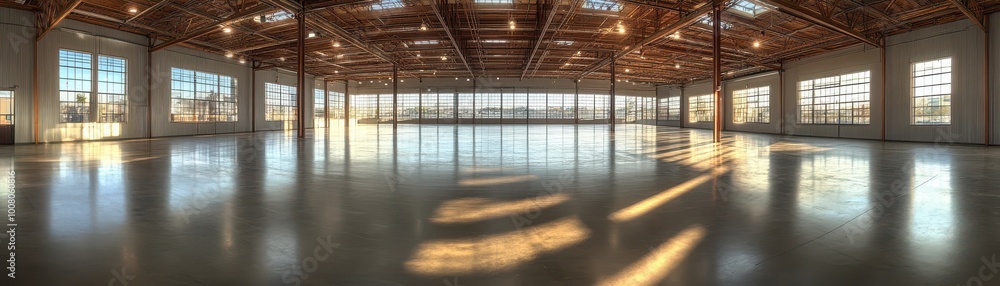 Spacious Industrial Warehouse Interior with Large Windows and Natural Light Streaming Through Spacious Industrial Warehouse Interior with Large Windows and Natural Light Streaming Through