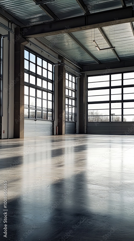 Spacious industrial interior with large windows, showcasing a modern design and polished floor, perfect for various creative projects. Spacious industrial interior with large windows, showcasing a modern design and polished floor, perfect for various creative projects.