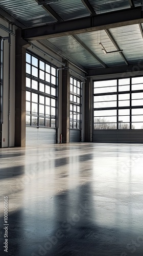Spacious industrial interior with large windows  showcasing a modern design and polished floor  perfect for various creative projects.