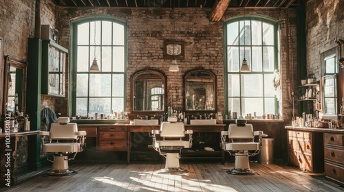 Vintage barber shop interior with antique decor  including brass shaving tools and mirrors  sunlight streaming through large  clear windows