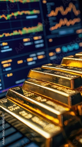 Stacked gold bars on a digital financial background showcasing market trends and investment growth. photo