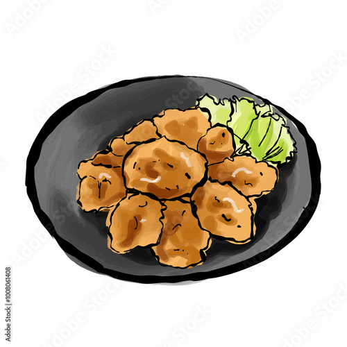 鳥の唐揚げの手書き油彩風の透過イラスト