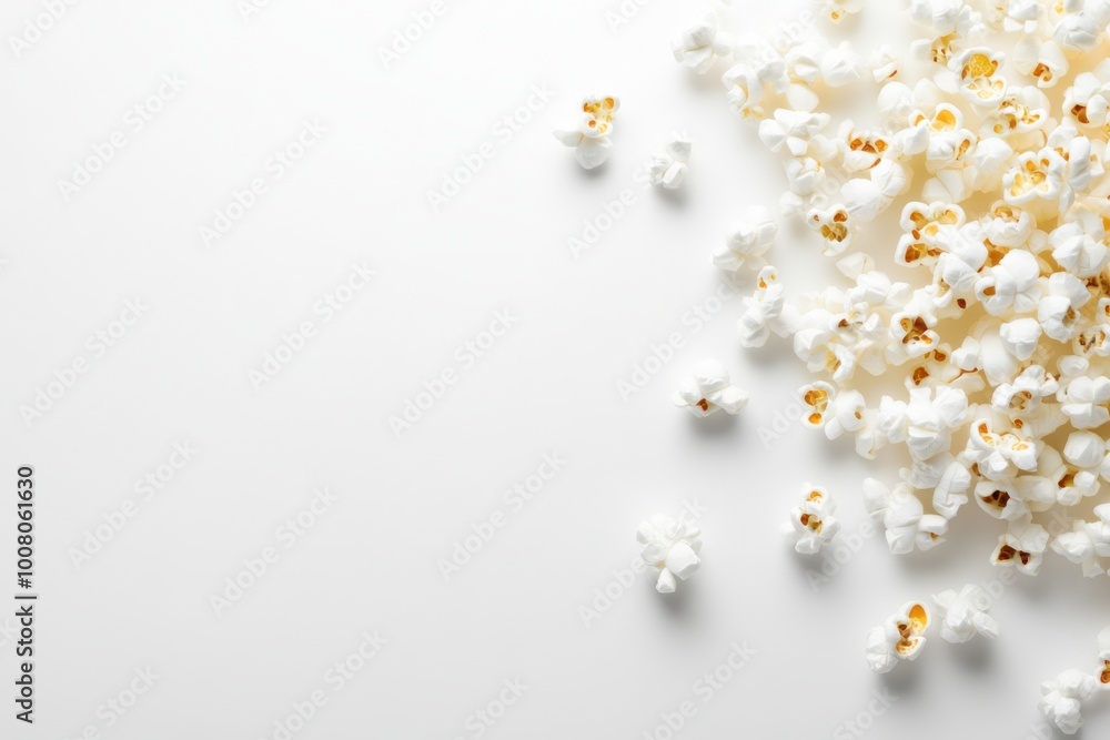 Fresh popcorn scattered on a white background for a movie snack Fresh popcorn scattered on a white background for a movie snack