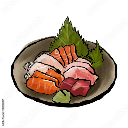 魚の刺し身の手書き油彩風の透過イラスト