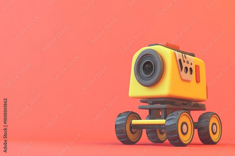 Animated camera on wheels with cute design against coral backdro Animated camera on wheels with cute design against coral backdro