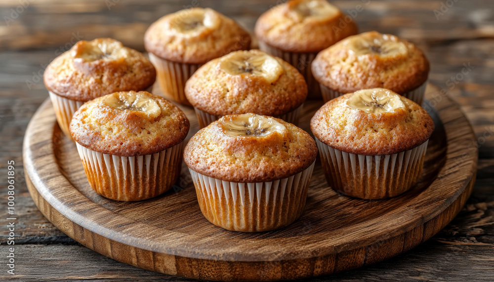 A wooden platter holds freshly baked muffins topped with banana slices, showcasing a golden-brown color and inviting texture. A wooden platter holds freshly baked muffins topped with banana slices, showcasing a golden-brown color and inviting texture.