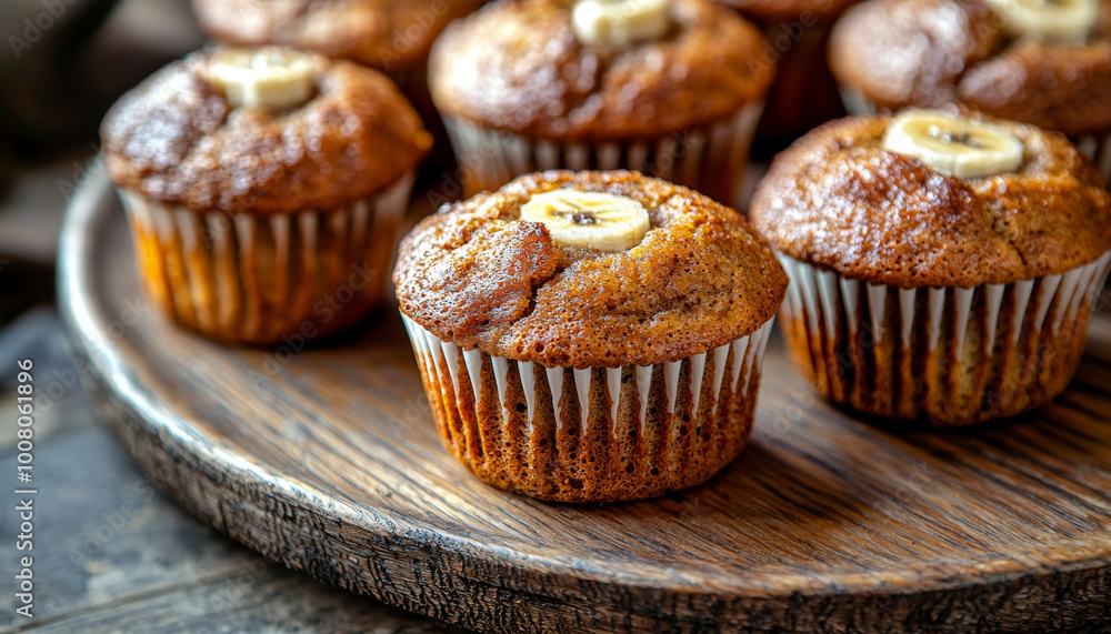 A close-up of freshly baked banana muffins on a rustic wooden platter, showcasing their golden-brown texture and banana slice topping. A close-up of freshly baked banana muffins on a rustic wooden platter, showcasing their golden-brown texture and banana slice topping.
