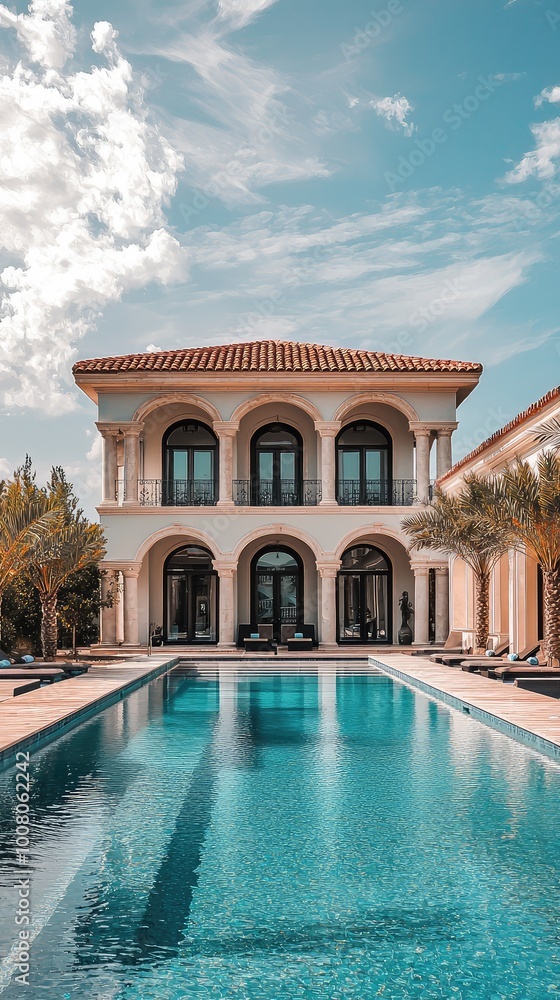 Fototapeta premium Stunning luxury villa with a beautiful swimming pool and elegant architecture under a bright blue sky.
