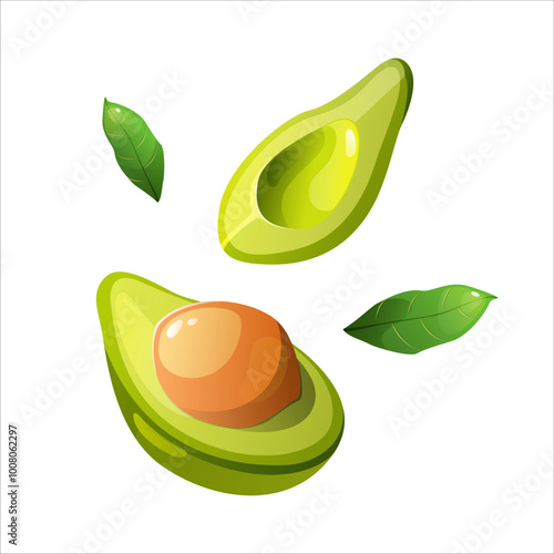 Fresh avocado pieces cartoon vector. Whole and cut in half avocado with pit. Exotic fruit, healthy nutrition isolated on white background