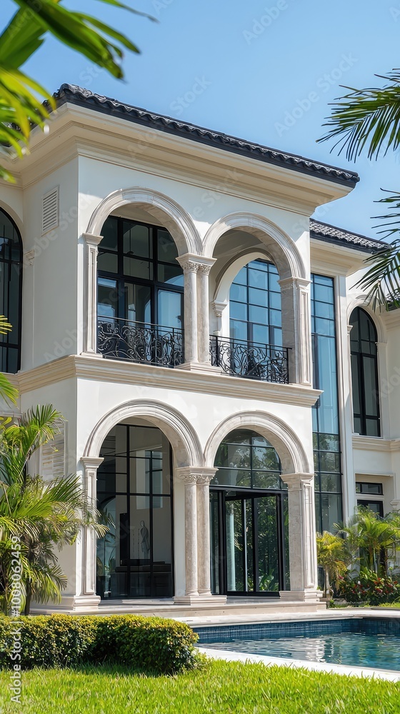 Stunning modern villa with arched windows and a lush garden, featuring a serene poolside view under clear blue skies. Stunning modern villa with arched windows and a lush garden, featuring a serene poolside view under clear blue skies.