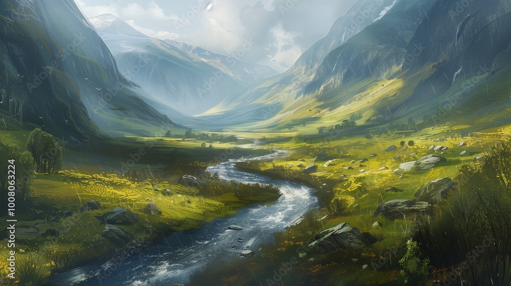 Fototapeta premium A remote valley with a winding river.