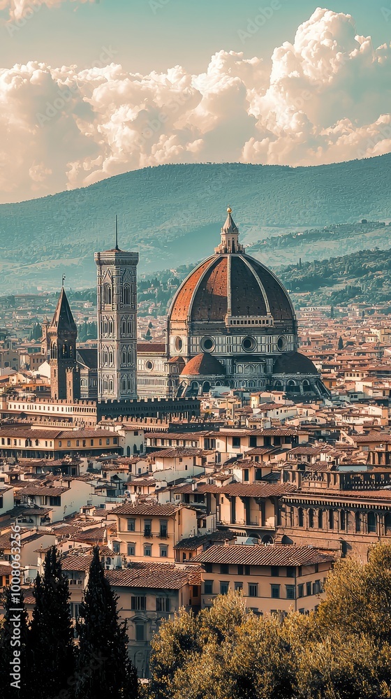Fototapeta premium Stunning view of Florence, Italy, showcasing the iconic Duomo and beautiful architecture under a vibrant sky.