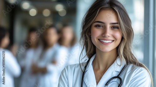 Young Female Doctor Smiling with Stethoscope. A confident young female doctor smiles, wearing a stethoscope around her neck in a modern healthcare setting, embodying professionalism and care.