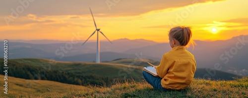 Young girl writing in a notebook with a windmill in the background at sunset.