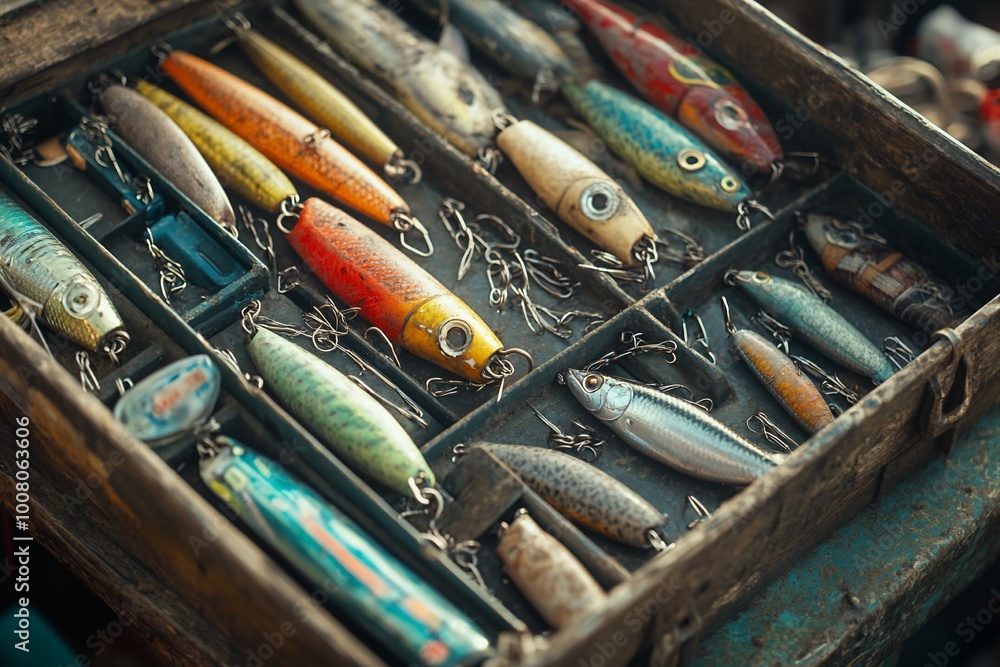 A collection of colorful fishing lures in a wooden tackle box. A collection of colorful fishing lures in a wooden tackle box.