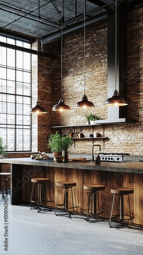 Stylish industrial kitchen with brick wall, wooden bar, and modern lighting. Perfect for contemporary home decor inspiration.