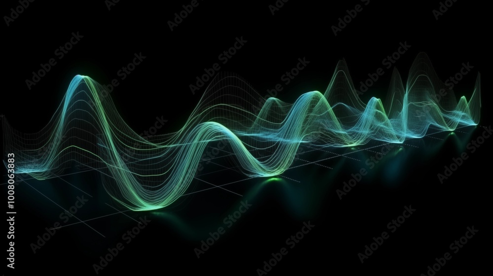 Abstract background with Flowing Waves Composed of Glowing Green and Blue Data Points on a Black Background, Representing the Movement and Flow of Digital Information in a Futuristic, High-Tech Concep Abstract background with Flowing Waves Composed of Glowing Green and Blue Data Points on a Black Background, Representing the Movement and Flow of Digital Information in a Futuristic, High-Tech Concep