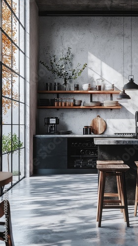 Stylish kitchen interior featuring modern design, large windows, wooden shelves, and natural light creating an inviting atmosphere.