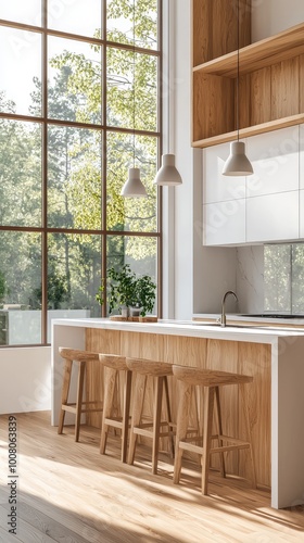 Stylish kitchen interior with wooden accents, modern stools, and large windows allowing natural light to flow in.