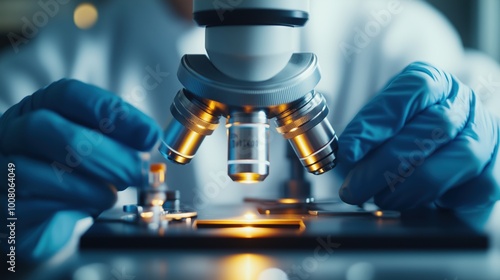 Scientist in a laboratory is focused on examining a sample through a microscope, showcasing hands in gloves interacting with precise scientific equipment.