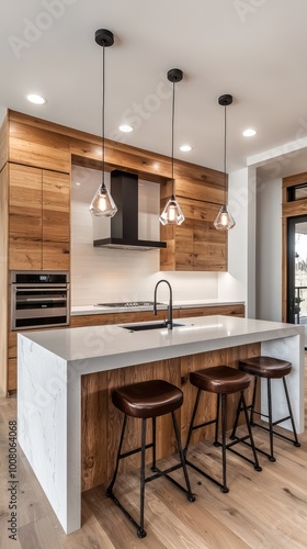 Stylish modern kitchen featuring wooden cabinets, elegant lighting, and a sleek countertop with bar stools for casual dining.