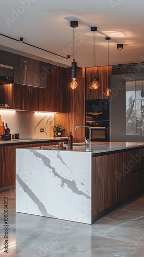 Stylish modern kitchen interior with marble island, wooden cabinets, and elegant lighting, perfect for contemporary living.