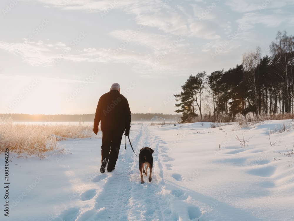 A man walks his dog along a snowy path at sunset, surrounded by trees, creating a serene winter scene in nature. A man walks his dog along a snowy path at sunset, surrounded by trees, creating a serene winter scene in nature.
