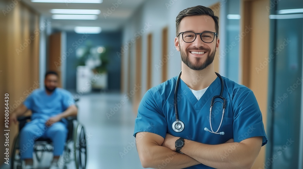 Confident and friendly healthcare professional stands in a modern hospital corridor, providing care and support in a welcoming environment for patients in need. Confident and friendly healthcare professional stands in a modern hospital corridor, providing care and support in a welcoming environment for patients in need.