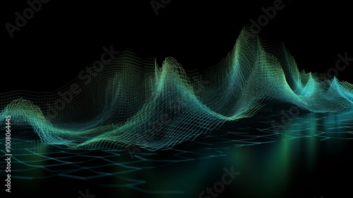 Abstract background with Flowing Waves Composed of Glowing Green and Blue Data Points on a Black Background, Representing the Movement and Flow of Digital Information in a Futuristic, High-Tech Concep