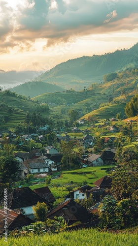 Tranquil village landscape with rolling hills, green fields, and cozy homes, showcasing nature's beauty at sunset.