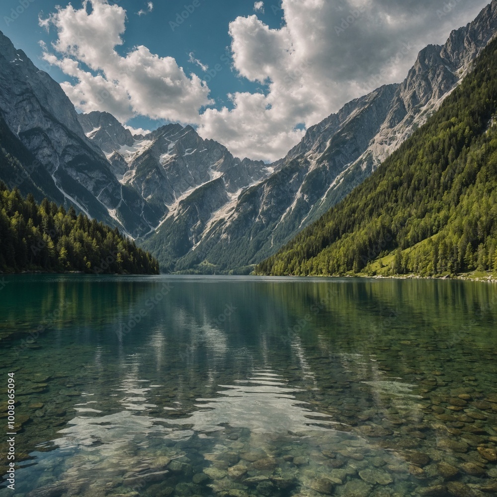 Create a scenic image of a peaceful lake surrounded by towering mountains, capturing the beauty of Plansee in Austria. The water should be crystal-clear, reflecting the sky, with a small boat gently f Create a scenic image of a peaceful lake surrounded by towering mountains, capturing the beauty of Plansee in Austria. The water should be crystal-clear, reflecting the sky, with a small boat gently f