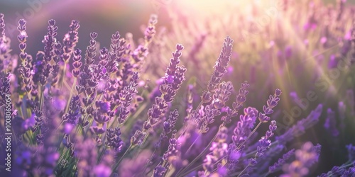 Close-up of blooming lavender flowers in a sunlit field. Floral nature photography for design and print.