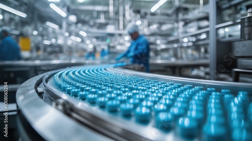 Modern pharmaceutical factory showcases a production line with workers handling blue medicine bottles. The image highlights the precision and technology involved in the manufacturing process.