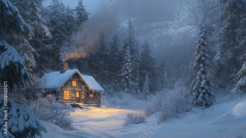 Snowy Escapes: A rustic cabin in a snow-covered forest, smoke rising from the chimney; cool blues and warm indoor glow.