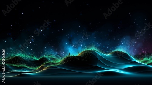 Abstract background with Flowing Waves Composed of Glowing Green and Blue Data Points on a Black Background, Representing the Movement and Flow of Digital Information in a Futuristic, High-Tech Concep