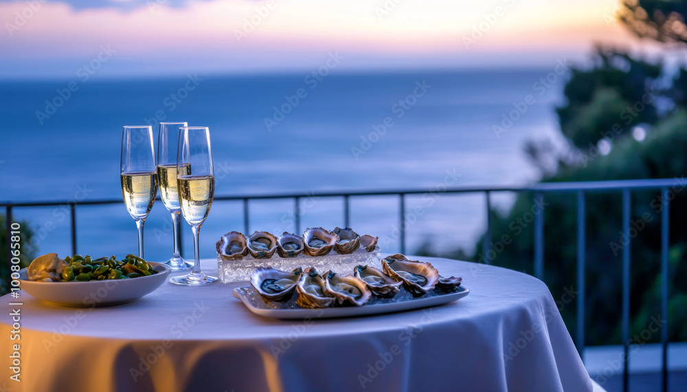 Fototapeta premium A romantic dining setup with oysters and champagne, overlooking a serene ocean view at sunset.