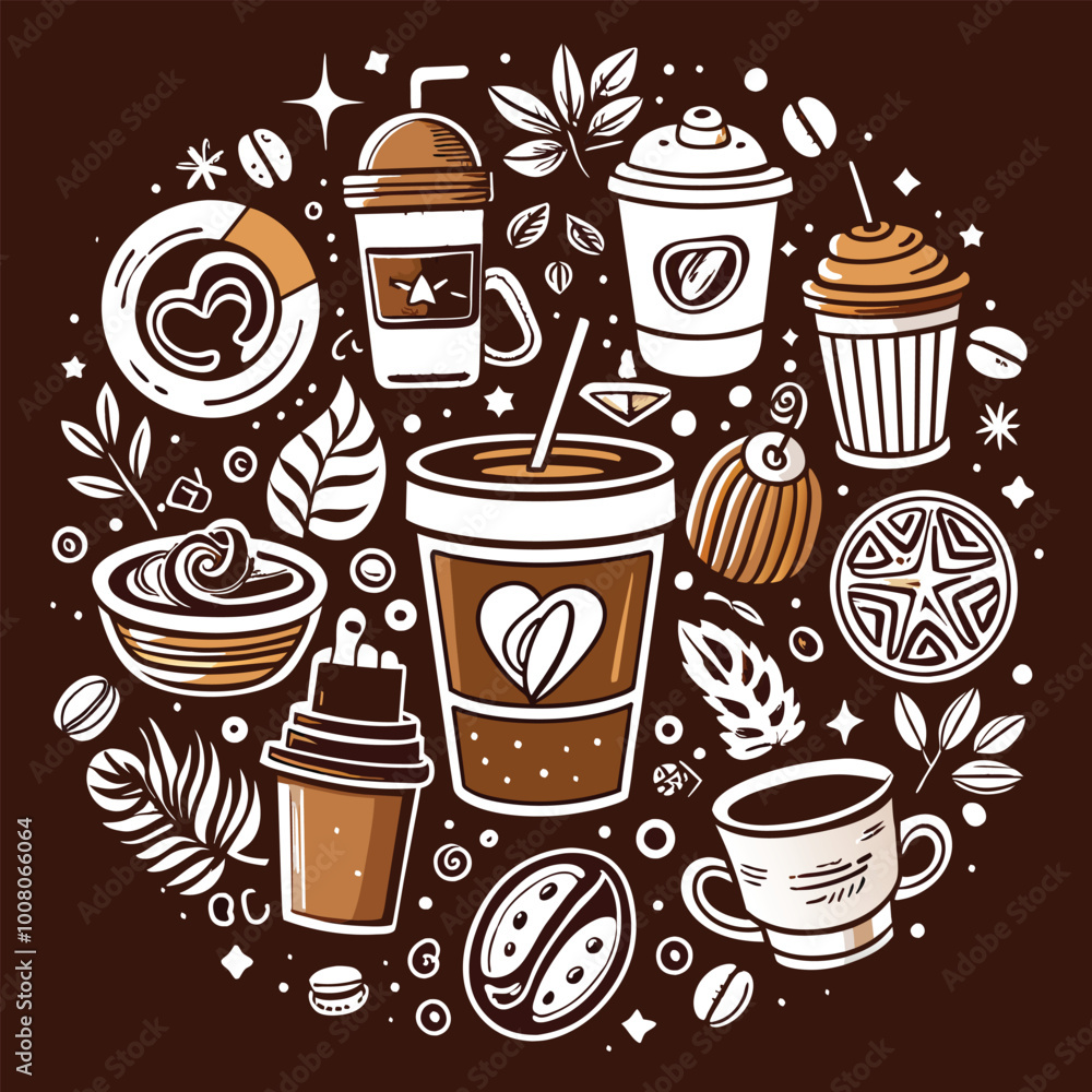 A collection of whimsical coffee doodles illustrating different coffee cups beans and desserts celebrating the joy of coffee culture A collection of whimsical coffee doodles illustrating different coffee cups beans and desserts celebrating the joy of coffee culture