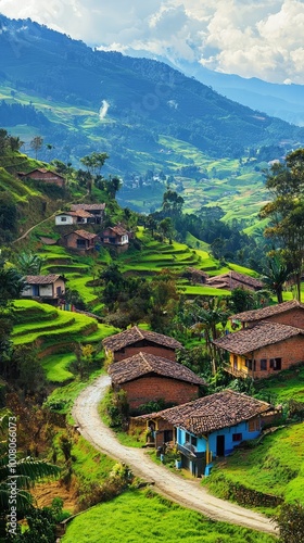 Wallpaper Mural Vibrant rural landscape with terraced fields and charming cottages nestled in the hills under a stunning blue sky. Torontodigital.ca
