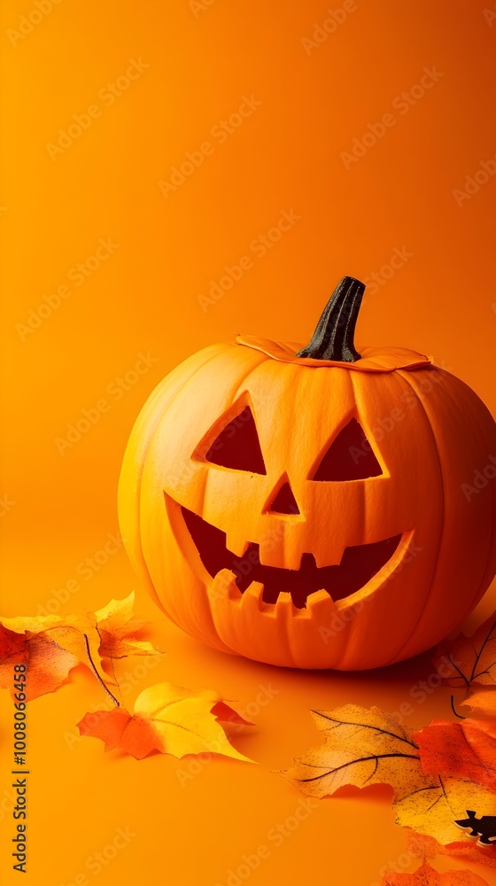 Spooky Halloween Pumpkin with Fall Leaves on Orange Background Spooky Halloween Pumpkin with Fall Leaves on Orange Background