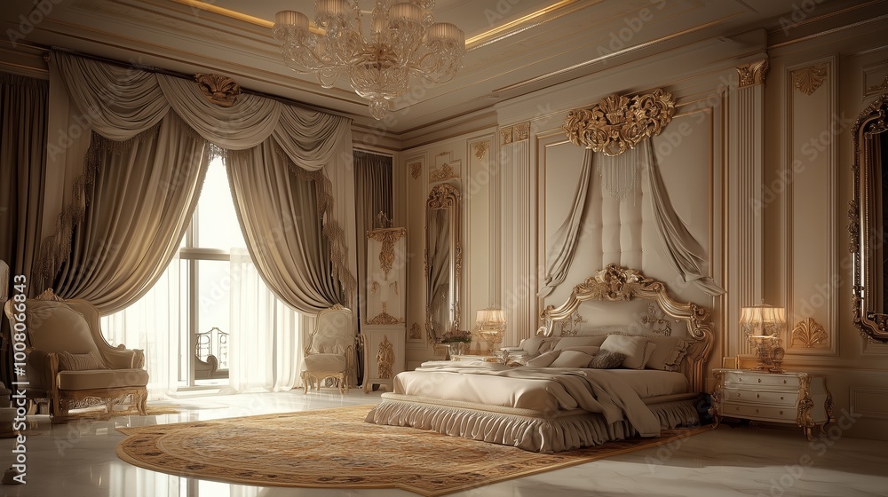 Elegant bedroom interior design featuring luxurious furnishings and soft lighting in a sophisticated style Elegant bedroom interior design featuring luxurious furnishings and soft lighting in a sophisticated style