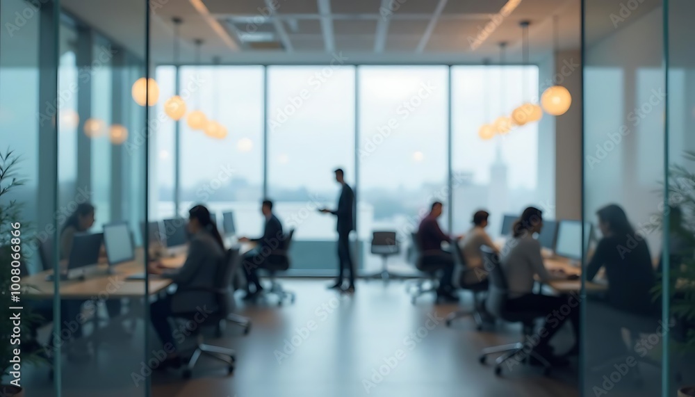 People are working in a blurred workplace behind a glass wall People are working in a blurred workplace behind a glass wall