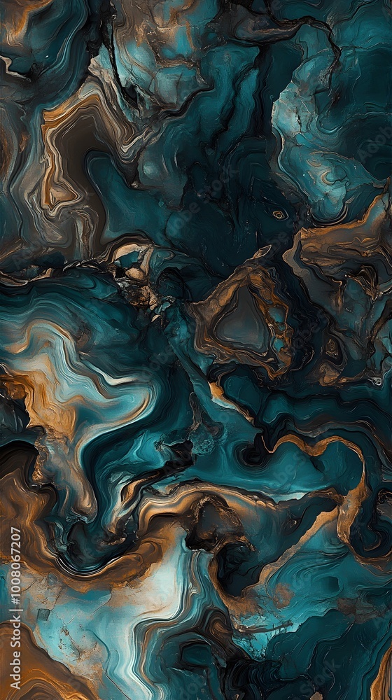 Abstract background with swirls of teal and blue, accented by gold and brown lines, creating a marble-like effect. Abstract background with swirls of teal and blue, accented by gold and brown lines, creating a marble-like effect.