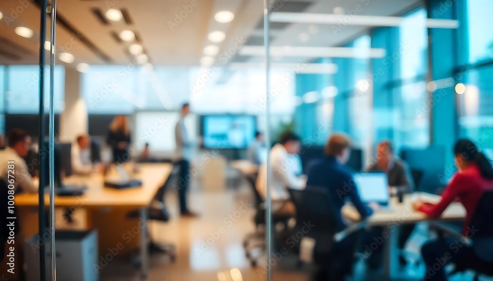 People are working in a blurred workplace behind a glass wall People are working in a blurred workplace behind a glass wall