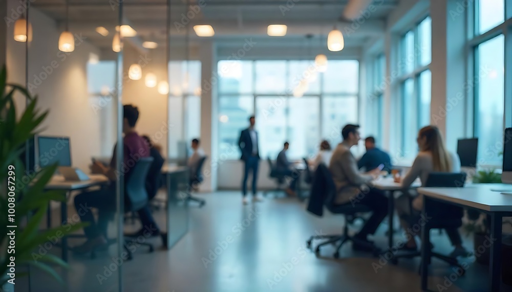 People are working in a blurred workplace behind a glass wall People are working in a blurred workplace behind a glass wall