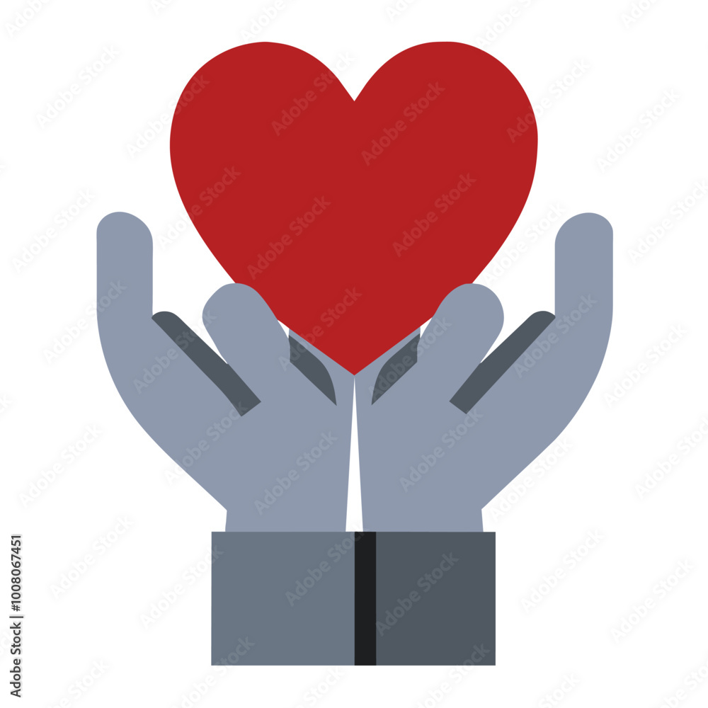 Obraz premium This vector graphic showcases two hands gently cradling a vibrant red heart symbolizing love compassion and support in a clean design