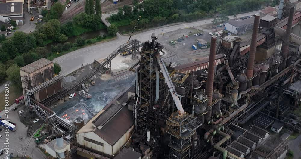 Aerial drone video steel production, blast furnace installation. Dillingen Saar, Germany. Aerial drone video steel production, blast furnace installation. Dillingen Saar, Germany.