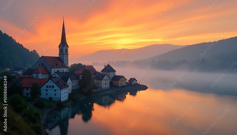 Fototapeta premium A charming village tucked away behind a calm lake, encircled by foggy mountains and a vivid orange dusk sky