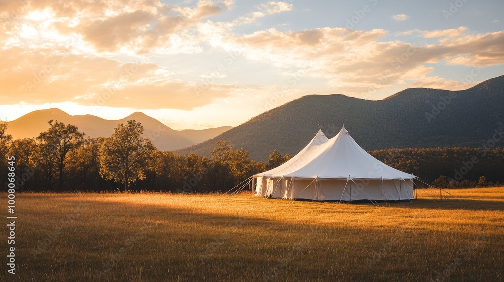 A large white camping tent in a field with mountains, taken during golden hour for a scenic feel. A large white camping tent in a field with mountains, taken during golden hour for a scenic feel.