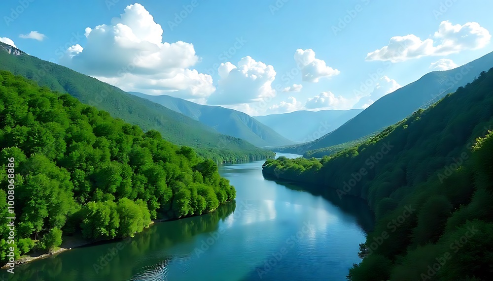 winding river surrounded by lush green hills and forests under a blue sky winding river surrounded by lush green hills and forests under a blue sky